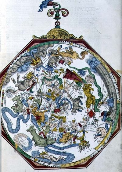 सुश्री 1517 उत्तरी आकाश में नक्षत्रों की स्थिति, पीटर एपियन (बेनेविट्ज़) (1495-1552) पब द्वारा 'एस्ट्रोनॉमिकम सीज़रियम' से चित्रण। में इंगोल्स्तद द्वारा जर्मन स्कूल