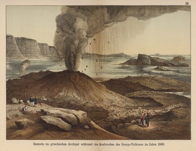 1866 (रंग लिथो) के विस्फोट के बाद सेंटोरिनी के ग्रीक द्वीप के काल्डेरा में नेआ कामेनी, ज्वालामुखी द्वीप द्वारा जर्मन स्कूल
