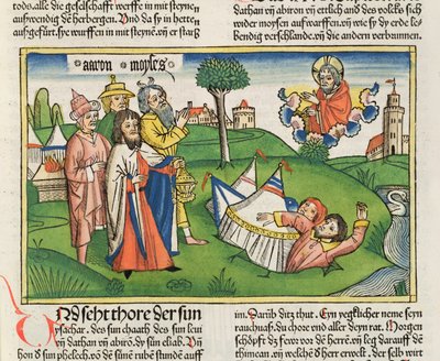 संख्या 16 32 नूर्नबर्ग बाइबिल (Biblia Sacra Germanaica) (रंगीन लकड़बग्घा) से पृथ्वी ने विद्रोहियों दातान और अबराम को निगल लिया द्वारा German School