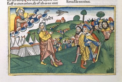 नंबर 1 1-20 नूरमबर्ग बाइबिल (Biblia Sacra Germanaica) (रंगीन वुडकट) से माउंट सिनाई से यात्रा की तैयारी द्वारा जर्मन स्कूल