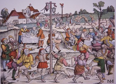 नृत्य करते किसान (हाथ से रंगी हुई नक्काशी) द्वारा जर्मन स्कूल