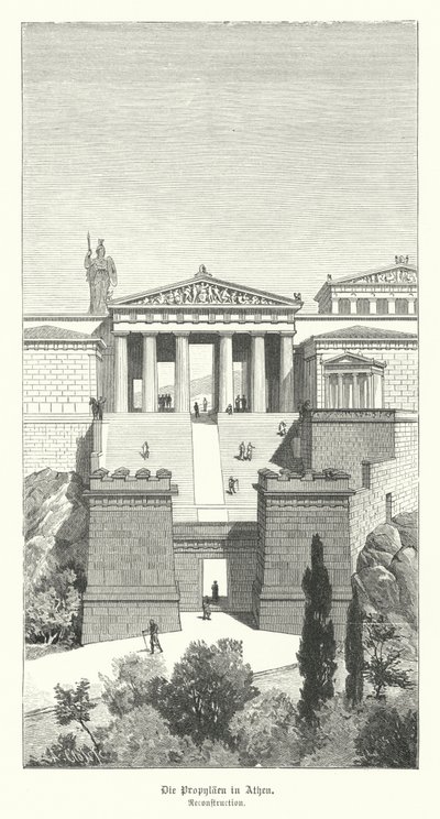 Propylaea, एथेंस के एक्रोपोलिस का प्रवेश द्वार, प्राचीन ग्रीस (उत्कीर्णन) द्वारा जर्मन स्कूल