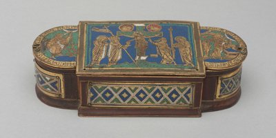 Pyx, c.1170-1180 (सोने का पानी चढ़ा हुआ तांबा, चम्पलेव और क्लोइज़न इनेमल, लकड़ी का कोर (आधुनिक)) द्वारा जर्मन स्कूल