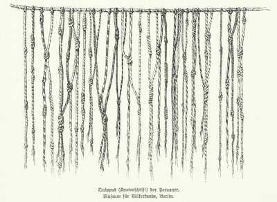 Quipu, दक्षिण अमेरिका में एंडीज के लोगों द्वारा उपयोग किए जाने वाले नॉटेड स्ट्रिंग्स का उपयोग करके जानकारी रिकॉर्ड करने का साधन (लिथो) द्वारा जर्मन स्कूल