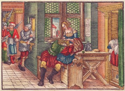 सैमसन और डेलिलाह, लूथर बाइबल से, c.1530 (रंगीन लकड़हारा) द्वारा जर्मन स्कूल