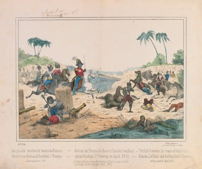 अप्रैल 1851 में हैती के सम्राट फुआस्टीन प्रथम और सेंटो डोमिंगो के डोमिनिकन गणराज्य के सैनिकों के बीच झड़प, फ्राइड द्वारा प्रकाशित सचित्र ब्रॉडशीट। शुल्ज वर्लग, स्टटगार्ट, 1851 द्वारा जर्मन स्कूल