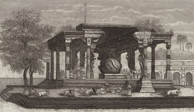 भारत के तंजौर में एक हिंदू मंदिर में पवित्र बैल नंदी की मूर्ति। बिल्डर-एटलस के लिए चित्रण (उत्कीर्णन) द्वारा जर्मन स्कूल