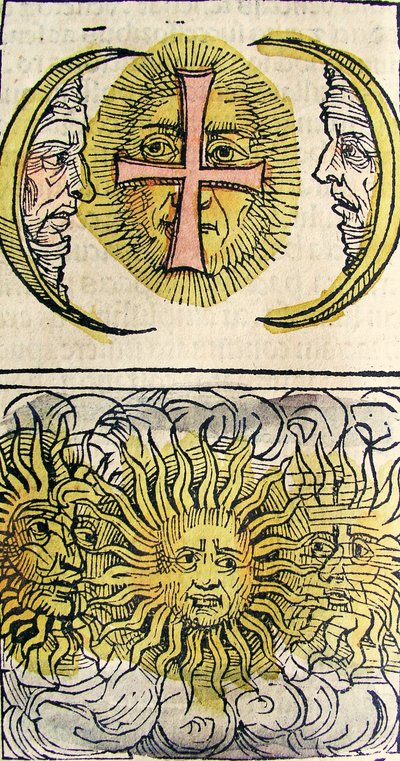 सन डॉग्स एंड मून डॉग्स, नूर्नबर्ग क्रॉनिकल में प्रकाशित, 1493 द्वारा जर्मन स्कूल