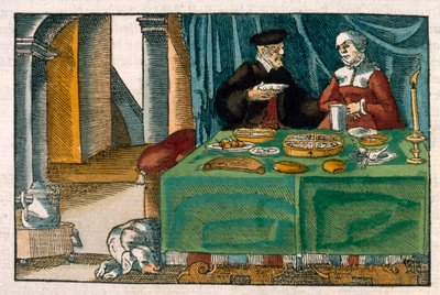 जर्मन पांडुलिपि से सीपर टेबल, c.1650 (हाथ से रंगीन उत्कीर्णन) द्वारा जर्मन स्कूल