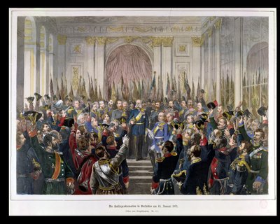 18 जनवरी 1871, 1871 को वर्साय में हॉल ऑफ मिरर्स में नए जर्मन रीच के कैसर के रूप में विल्हेम की उद्घोषणा (रंग उत्कीर्णन) द्वारा जर्मन स्कूल