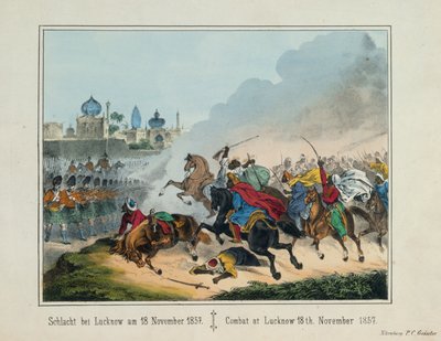 1857 के भारतीय विद्रोह के दौरान उत्तर प्रदेश में लखनऊ की घेराबंदी, PC Geissler, नूर्नबर्ग, 1857 द्वारा प्रकाशित सचित्र ब्रॉडशीट द्वारा जर्मन स्कूल