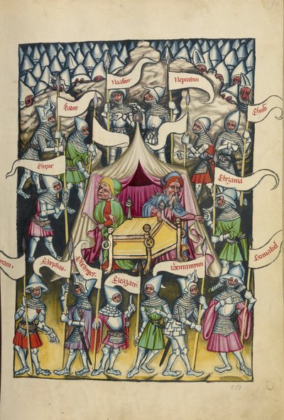 वेल्ट्रिंकनिक से इज़राइल की बारह जनजातियाँ सुश्री 33 फॉल.94, c.1400-10 (स्वभाव, सोना और चांदी का पेंट, चर्मपत्र पर स्याही) द्वारा जर्मन स्कूल