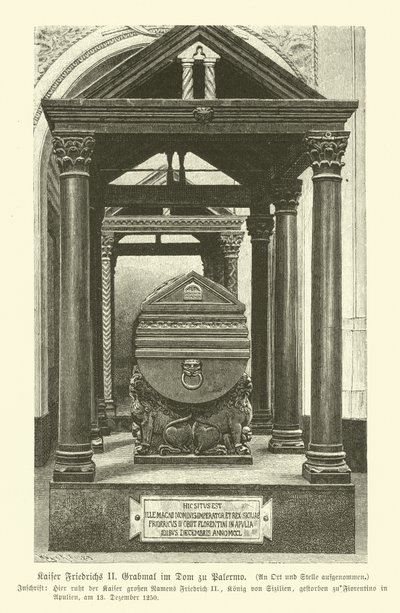 फ्रेडरिक द्वितीय का मकबरा, पवित्र रोमन सम्राट, पलेर्मो कैथेड्रल, सिसिली में (उत्कीर्णन) द्वारा जर्मन स्कूल