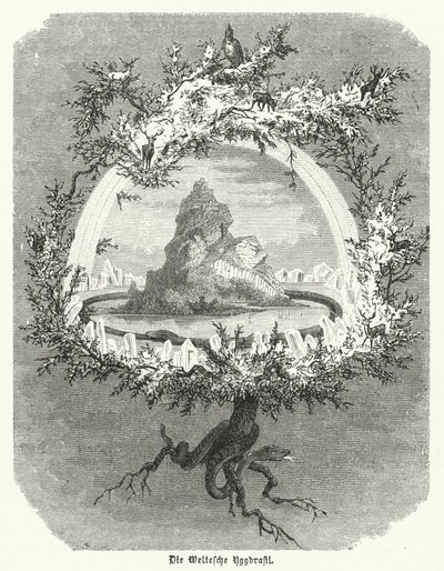Yggdrasil, नॉर्स ब्रह्मांड विज्ञान का पौराणिक राख वृक्ष (उत्कीर्णन) द्वारा जर्मन स्कूल
