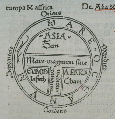 F.177v टी-इन-ओ मैप, लेटरप्रेस जगह के नाम के साथ, इसविल के सेविले से, लिबर आदिमोलारम द्वारा जर्मन स्कूल