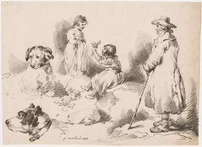 बच्चों का अध्ययन दो छोटी लड़कियां, दो कुत्ते, एक आदमी, 1793। द्वारा जेरार्ड स्ट्रीट जे. हैरिस सोहो
