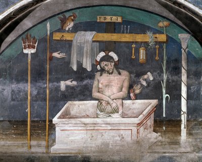 जियाकोमो जैकेरियो (1375-1453) द्वारा पैशन, फ्रेस्को के प्रतीकों से घिरा हुआ मसीह, रैनवर्सो के सेंट एंथोनी का अभय, बटिग्लेरा अल्टा, पीडमोंट, इटली द्वारा जियाकोमो जैकेरियो