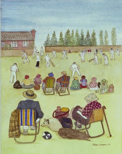 क्रिकेट ऑन द ग्रीन, 1987 (कागज पर वाटर कलर) द्वारा गिलियन लॉसन
