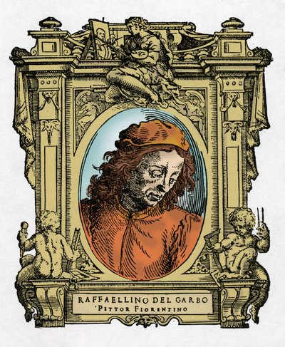 RAFFAELLINO DEL GARBO (Raffaellino de Carli) (1466-1525) इतालवी चित्रकार का पोर्ट्रेट। जियोर्जियो वासर द्वारा "" सबसे उत्कृष्ट चित्रकारों, मूर्तिकारों और वास्तुकारों का जीवन "" (सबसे उत्कृष्ट चित्रकारों, मूर्तिकारों और वास्तुकारों का जी द्वारा जियोर्जियो वासरी
