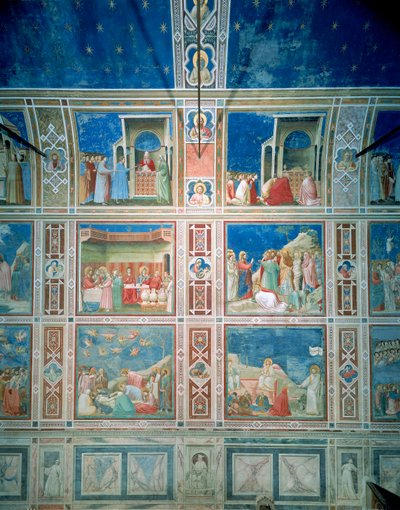 बाईं दीवार पर भित्तिचित्रों का दृश्य, c.1303-05 (भित्तिचित्र) (बहाली के बाद) द्वारा गियोटो (c.1266 1337)