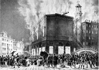 1836 में वेनिस में ला फेनिस के थिएटर की आग। जियोवानी पिविडोर द्वारा उत्कीर्णन। मिलान, कंज़र्वेटरी जी. वर्डी। द्वारा जियोवानी (बाद में) विभक्त