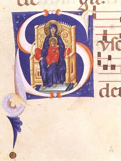 Ms 562 f.16r, 14वीं सदी की शुरुआत में, सैन जैकोपो डि रिपोली के मठ से क्रमिक रूप से, मैडोना और बच्चे को सिंहासन पर बिठाते हुए प्रारंभिक 'एस' का इतिहास। द्वारा गियोवन्नी (अनुयायी) सिमाब्यू