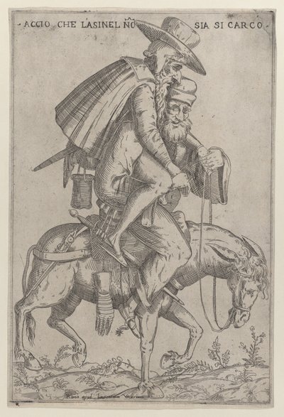 एक खच्चर पर दो आदमियों के साथ कैरिकेचर, 1575-99। द्वारा जियोवानी एम्ब्रोगियो ब्रैम्बिला