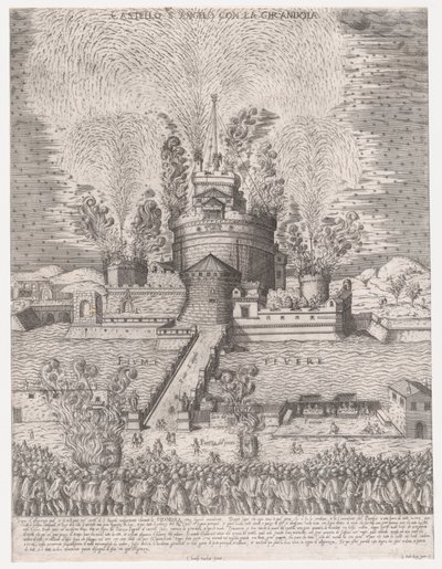 रोमन भव्यता का दर्पण: Castel Sant'Angelo, रोम में गिरंडोला, 1579, 1579, 1579। द्वारा जियोवानी एम्ब्रोगियो ब्रैम्बिला