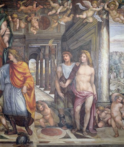 Sala delle Nozze di Alessandro e Rossana Hall of Alexander की द ग्रेट 356-323 ई.पू. और अलेक्जेंडर की रॉक्सैन डिटेल और ऊपर की पुटी के साथ दो पुरुष अटेंडेंट, c.1513 फ्रेस्को का 10 का विवरण द्वारा जियोवानी एंटोनियो बाज़ी सोडोमा