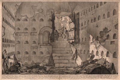 रोम, इटली के पास १७३६ में एक प्राचीन कब्रगाह कक्ष की खोज का दृश्य (उत्कीर्णन) द्वारा जियोवन्नी बतिस्ता (बाद) पिरनेसी
