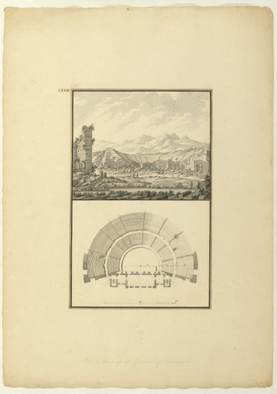 हिरापोलिस (अब पामुकले) के थिएटर का दृश्य और योजना, c.1750 (कागज पर कलम और स्याही और धो) द्वारा जियोवन्नी बतिस्ता बोर्रा