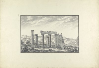 सरदीस में एक ईओण मंदिर के खंडहर का दृश्य, शायद नेपच्यून का मंदिर, c.1750 (कागज पर ग्रे वॉश, पेन और स्याही और पेंसिल) द्वारा जियोवन्नी बतिस्ता बोर्रा