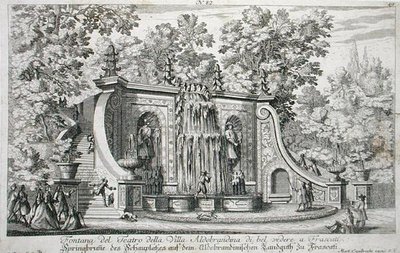 1687 से पहले प्रकाशित 'ले फोंटेन' से, विला एल्डोब्रैंडिना, फ्रैस्काटी, c.1675 में थिएटर फाउंटेन (उत्कीर्णन) द्वारा जियोवन्नी बतिस्ता फल्दा