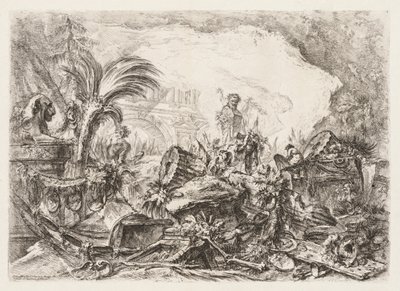 Groteschi: खंडहर की मूर्ति के साथ खंडहर और एक गिर स्तंभ, ca. 1745-1750। द्वारा जियोवन्नी बतिस्ता पिरनेसी
