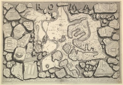 रोम की योजना ..., रोमन प्राचीन वस्तुओं से रोमन पुरावशेषों, ca. 1756। द्वारा जियोवन्नी बतिस्ता पिरनेसी