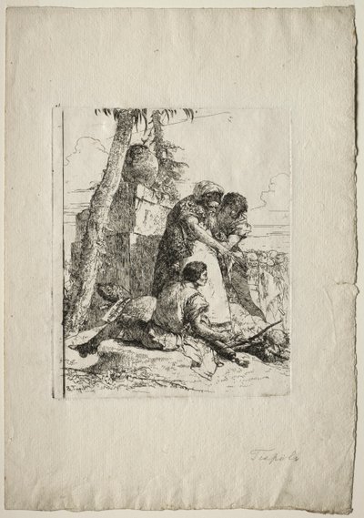 Scherzi di Fantasia: जादूगर एक जलती हुई चोटी से दो युवकों को इशारा करते हुए, 1750। द्वारा जियोवन्ती बतिस्ता टाईपोलो