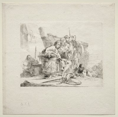 विभिन्न Caprices: द यंग मैन बैठा, लीनिंग अगेंस्ट अ उरन, 1785। द्वारा जियोवन्ती बतिस्ता टाईपोलो