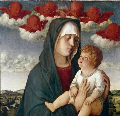 बच्चे और स्वर्गदूतों के साथ वर्जिन। विवरण (पैनल पर तापमान द्वारा Giovanni Bellini