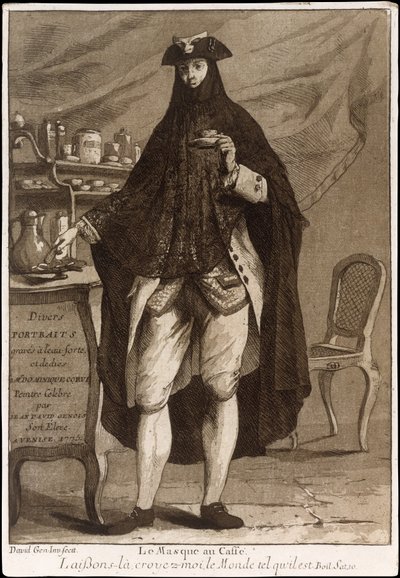 मास्क पहने एक व्यक्ति एक कप कॉफी पी रहा है ले मस्क औ कैफे, 1775। द्वारा जियोवन्नी डेविड