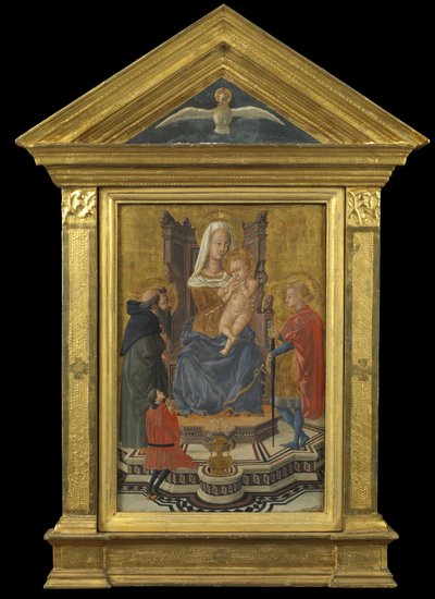 संत एंथोनी मठाधीश और जूलियन और एक दाता (ऊपर पेडिमेंट - पवित्र भूत), c.1430 (पैनल पर तापमान) के साथ वर्जिन और बाल सिंहासन द्वारा जियोवन्नी डि सीर जियोवानी लो शीग्गिया (अटार। टू) गाइडी
