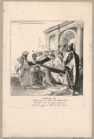 क्रूसिस के माध्यम से - स्टेशन III, वह पहली बार क्रॉस के नीचे गिरता है द्वारा जियोवानी डोमेनिको टाईपोलो