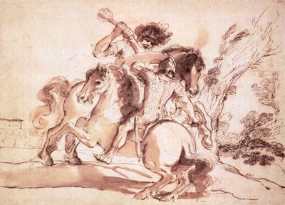 दो घुड़सवार लड़ रहे हैं (कागज पर स्याही न डालें और धो लें) द्वारा Giovanni Francesco Barbieri