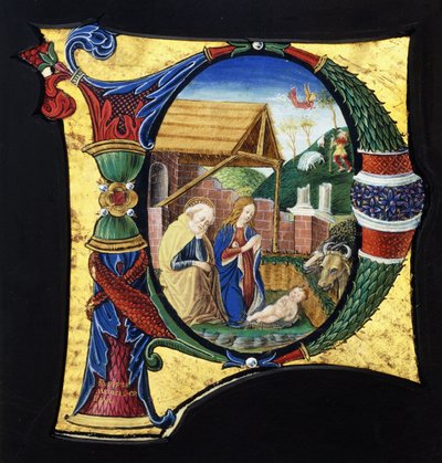 एक बड़ा ऐतिहासिक प्रारंभिक "पी", एक नटिसिटी दृश्य का चित्रण, c.1490 द्वारा जियोवन्नी पिएत्रो मेडिसी दा डा क्रेमा