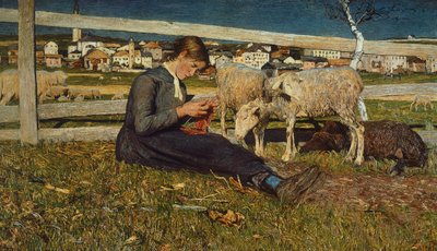 Giovanni Segantini (1858-1899) द्वारा मोज़े बनाने वाली लड़की, कैनवास पर तेल, 54x88 सेमी द्वारा Giovanni Segantini