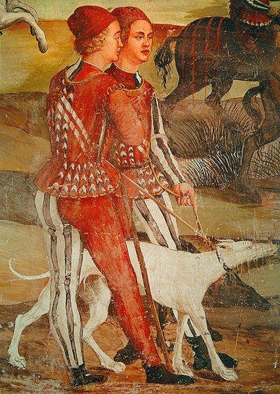 दो पृष्ठ और उनका कुत्ता, शिकार के दृश्य का विवरण, c.1520-30 द्वारा गिरोलामो रोमनो