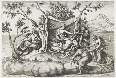 डायना मंटोवाना (b.1535) द्वारा उत्कीर्ण लाटोना गिविंग अपोलो एंड डायना को जन्म, 1575 के बाद (उत्कीर्णन) द्वारा जिओलिओ (बाद) रोमानो