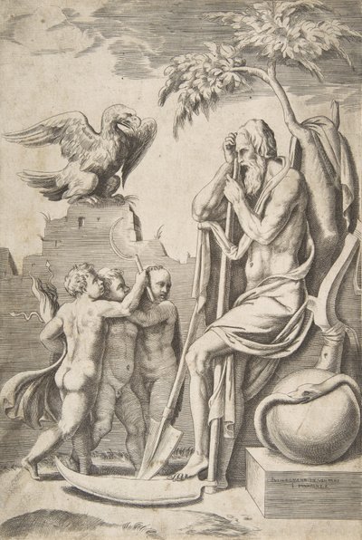 दराँती पर झुके हुए पिता का समय, बाईं ओर तीन नग्न लड़के और चील, 1..., 1531-76। द्वारा गिउलिओ बोनासोन