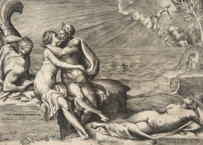 जूनो के लिए बृहस्पति का प्यार फिर से जाग उठा जब उसने वीनस गर्डल, 1546 को रखा। द्वारा गिउलिओ बोनासोन