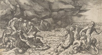 1531-76 में एनीस के बेड़े के खिलाफ उठाए गए टेम्पेस्ट एओलस को शांत करते हुए नेप्च्यून। द्वारा गिउलिओ बोनासोन