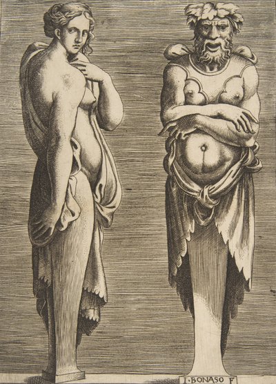 टू टर्म्स, बाईं ओर एक अप्सरा सिल्वेनस दाईं ओर, ca. 1530-50। द्वारा गिउलिओ बोनासोन